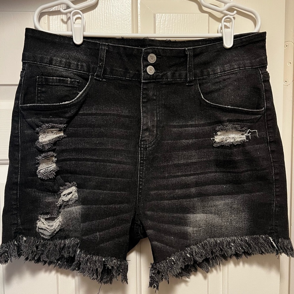 Distressed Black Denim Shorts